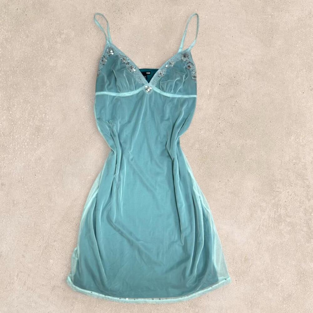 Fairycore babydoll slip dress Y2K teal midi mesh sequin homecoming 10